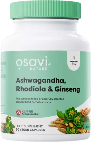 OSAVI Ashwagandha + Rhodiola & Ginseng Комплекс за енергия и адаптация към стрес х 60 веган капсули