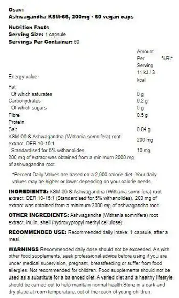 Osavi Ashwagandha KSM-66® 200 mg За устойчивост към стрес и добър сън х 60 веган капсули