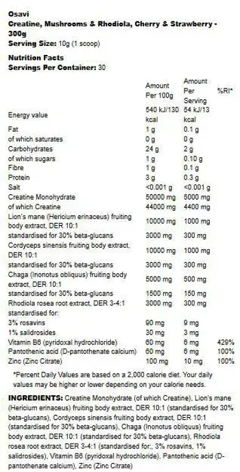 Osavi Creatine Monohydrate, Mushrooms & Rhodiola with Lion's Mane, Cordyceps, Chaga / За енергия, фокус и издръжливост, 300 грама