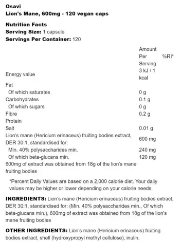 Osavi Lion's Mane 600 mg Екстракт от гъба Лъвска грива за мозъчна функция х 60 капсули