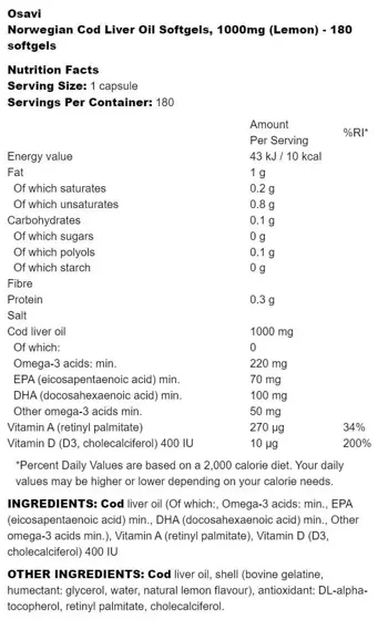 Osavi Norwegian Cod Liver Oil 1000 mg | Lemon Flavored Масло от черен дроб на треска с лимон х 60 гел капсули
